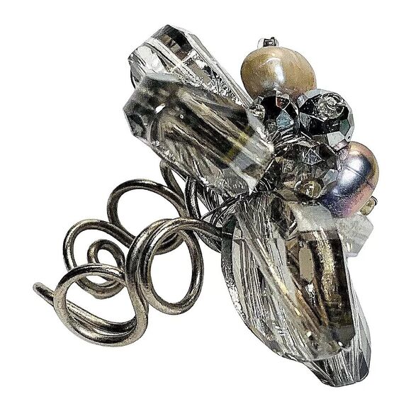 Glass Flower Statement Ring Sz 7 Bead Silver Cottagecore - Picture 9 of 15